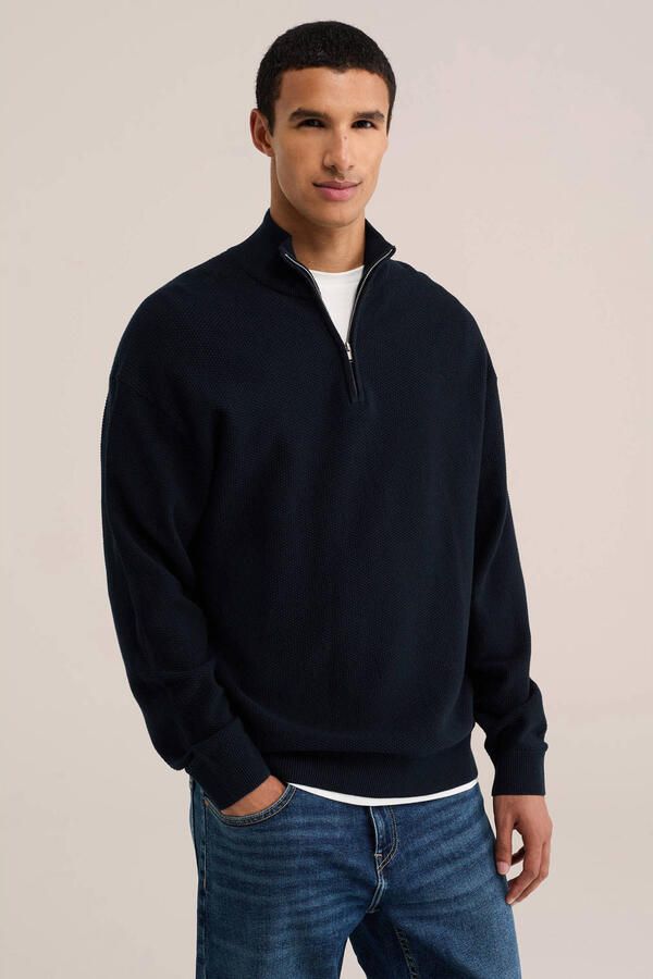WE Fashion katoenen regular fit gebreide trui donkerblauw