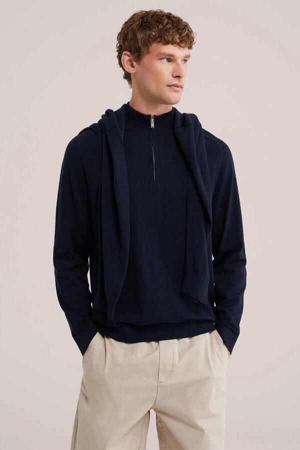 WE Fashion katoenen regular fit gebreide trui donkerblauw