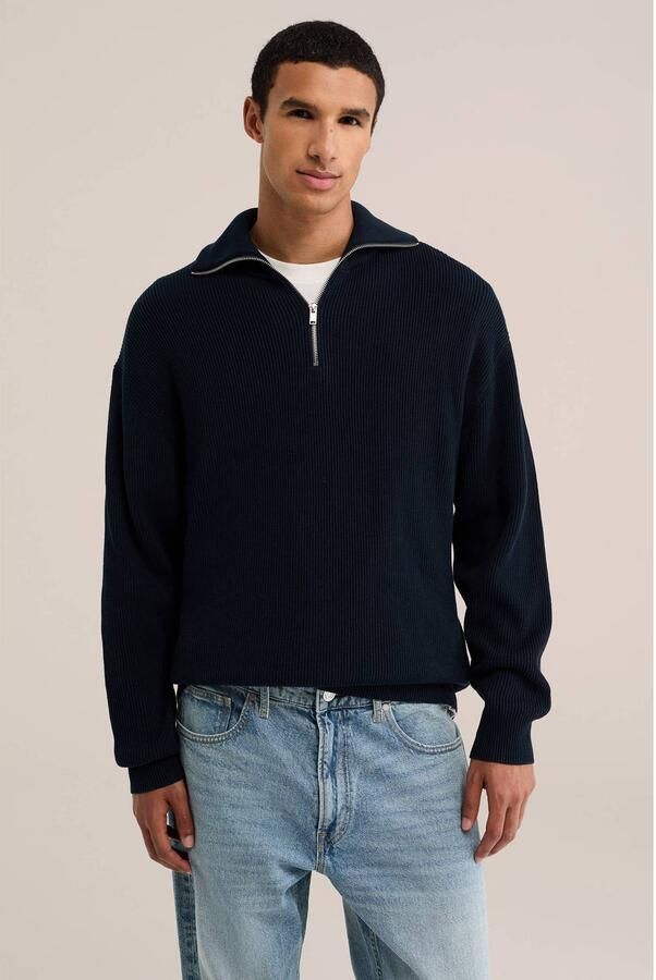 WE Fashion katoenen regular fit gebreide trui heavy blue