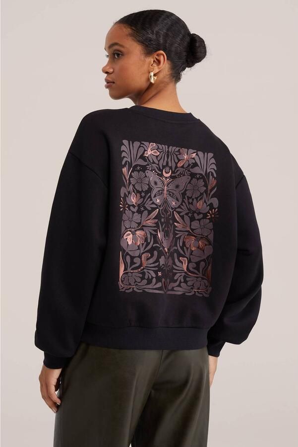 WE Fashion katoenen sweater met print zwart