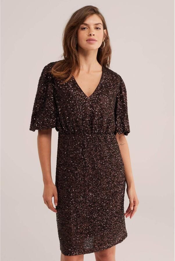 WE Fashion korte glitterjurk met pailletten donkerbruin