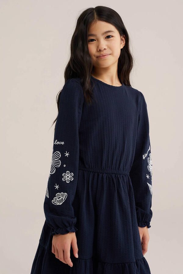 WE Fashion korte jurk met borduursels donkerblauw
