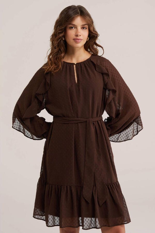 WE Fashion korte jurk met ceintuur bruin