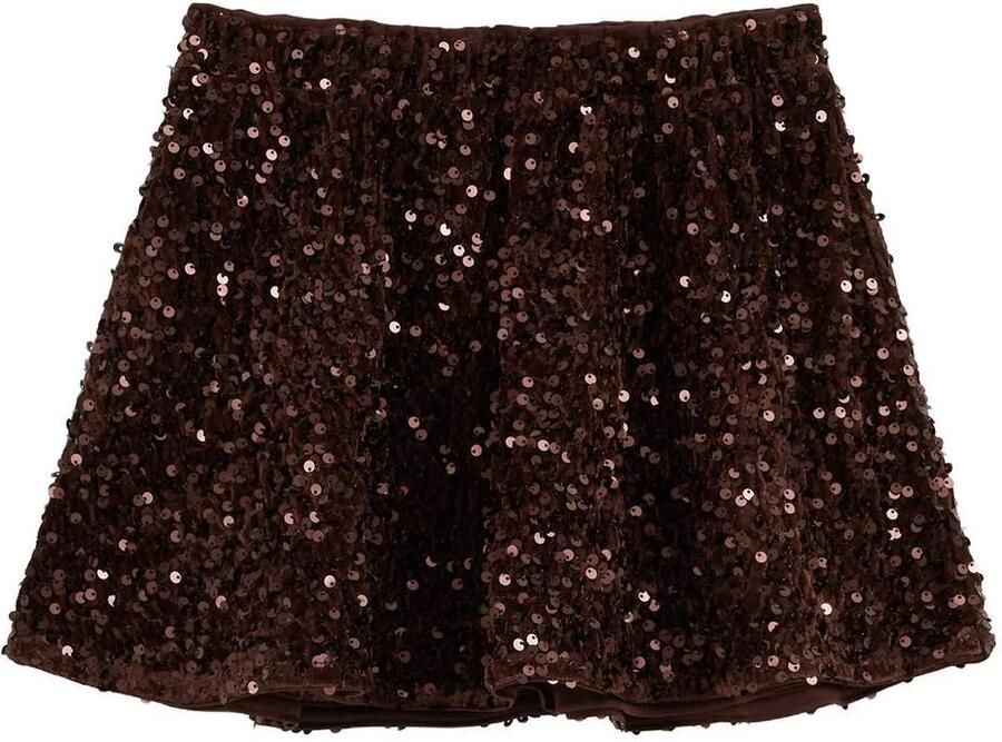 WE Fashion korte rok met pailletten donkerbruin Meisjes Polyester Effen