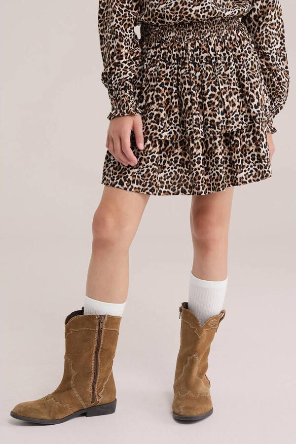 WE Fashion korte rok met ruches en panterprint beige