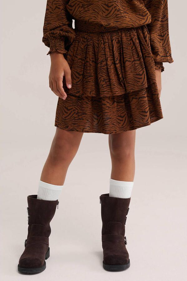 WE Fashion korte rok met ruches en zebraprint camel