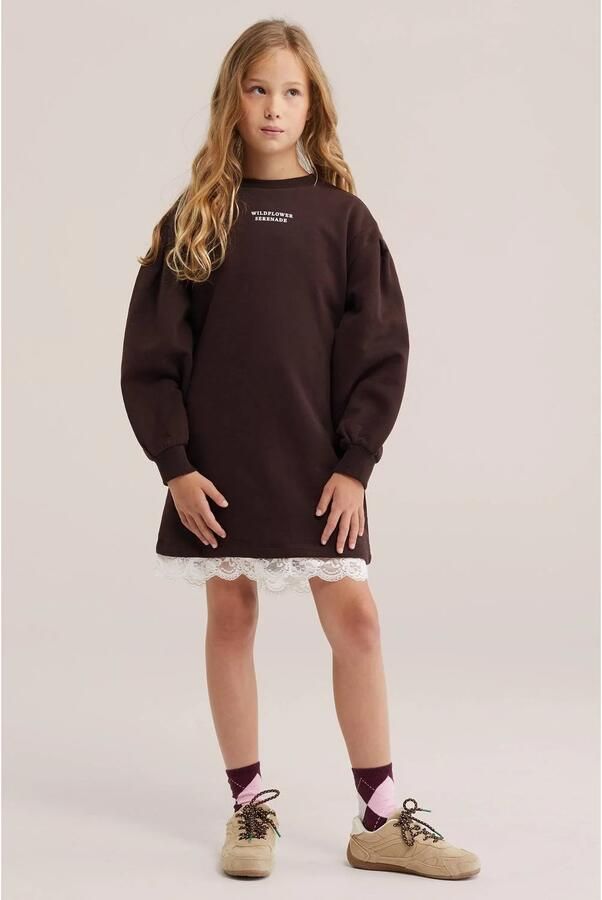WE Fashion korte sweatjurk met tekst donkerbruin - Foto 3