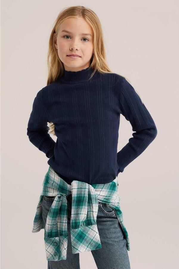 WE Fashion longsleeve donkerblauw Meisjes Viscose Opstaande kraag Effen