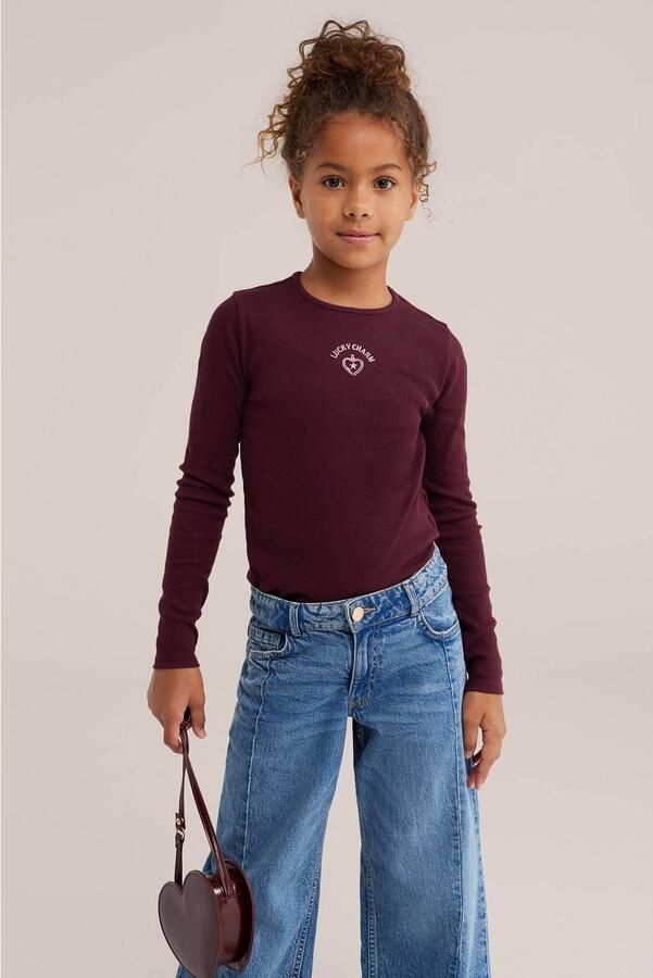 WE Fashion longsleeve donkerpaars Meisjes Katoen Ronde hals Effen