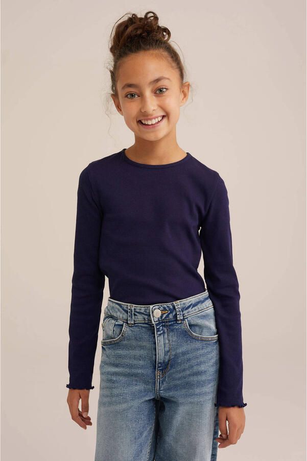 WE Fashion longsleeve hardblauw Meisjes Stretchkatoen Ronde hals Effen 110 116