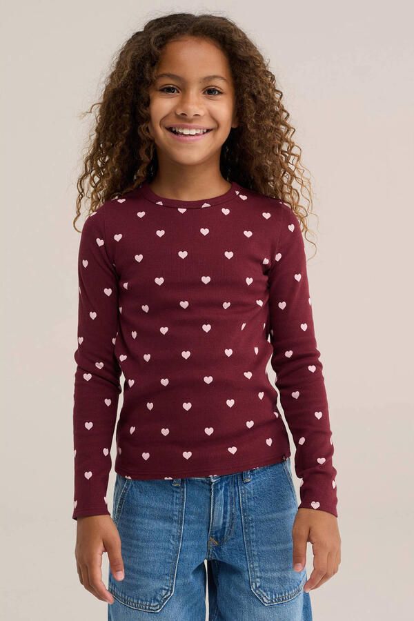 WE Fashion longsleeve met hartjes donkerrood