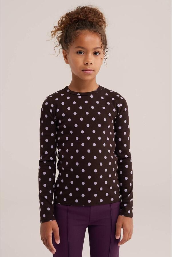 WE Fashion longsleeve met stippen bruin lila