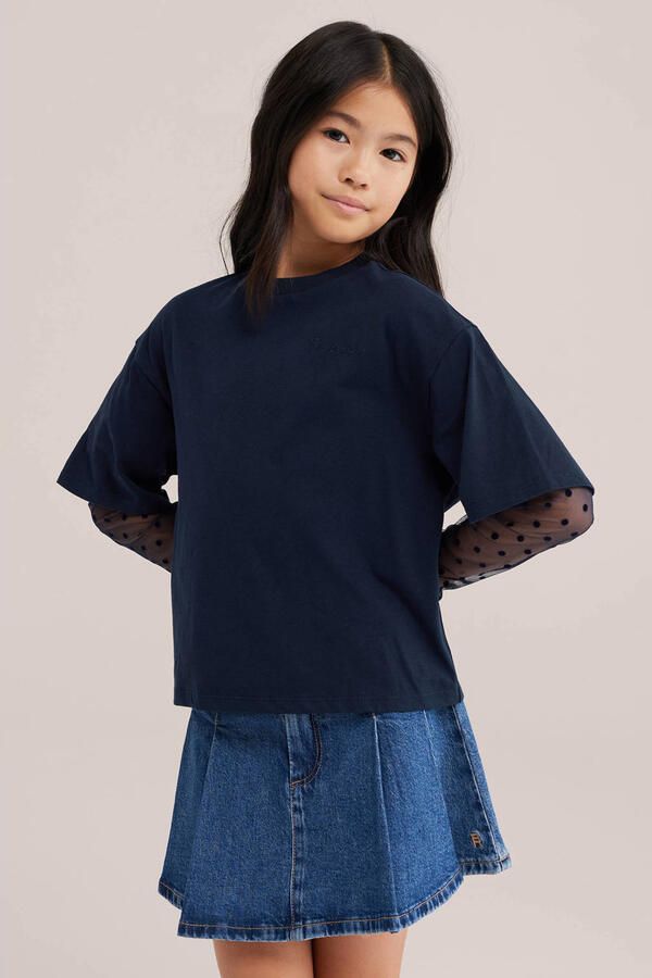 WE Fashion longsleeve met stippen donkerblauw