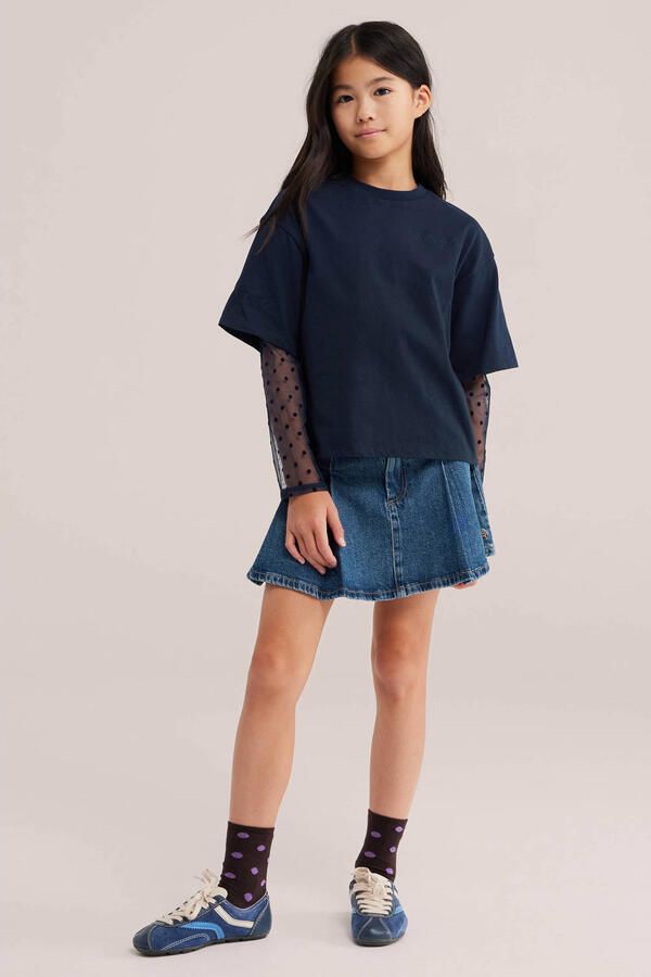 WE Fashion longsleeve met stippen donkerblauw - Foto 3