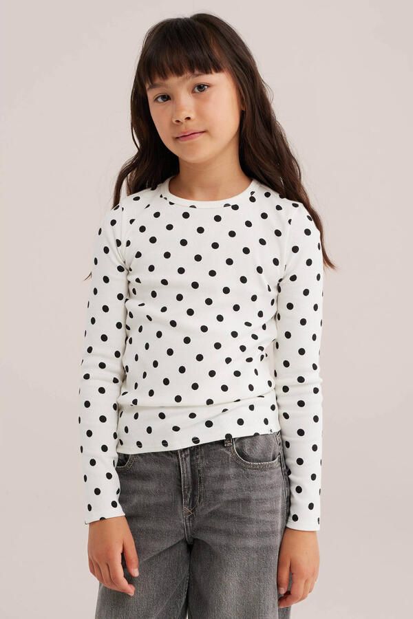 WE Fashion longsleeve met stippen wit