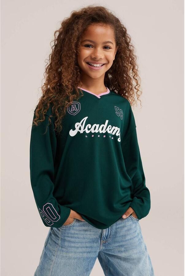 WE Fashion longsleeve met tekst donkergroen Meisjes Polyester V-hals