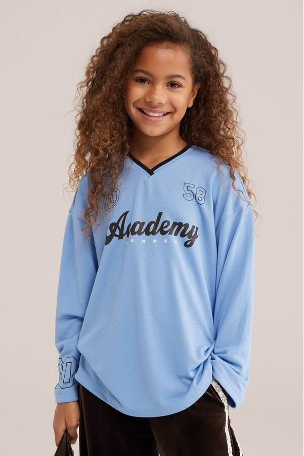 WE Fashion longsleeve met tekst lichtblauw Meisjes Polyester V-hals Tekst
