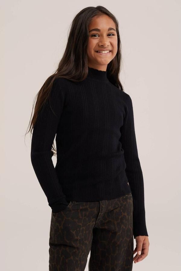 WE Fashion longsleeve zwart Meisjes Viscose Opstaande kraag Effen