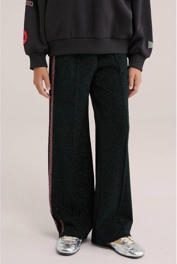 WE Fashion loose fit casual broek met glitters donkergroen Meisjes Polyester