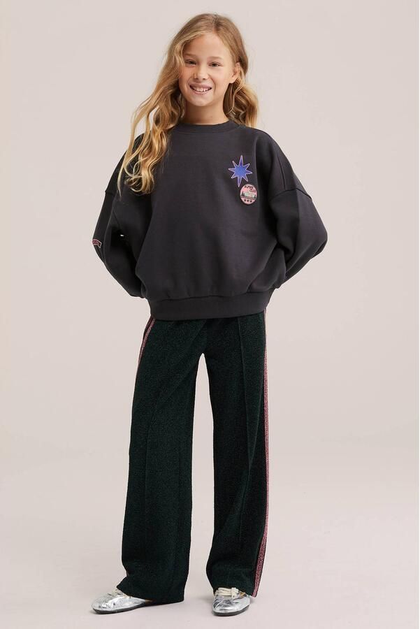 WE Fashion loose fit casual broek met glitters donkergroen Meisjes Polyester - Foto 3