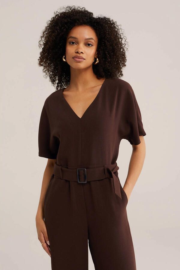 WE Fashion loose fit jumpsuit met ceintuur bruin