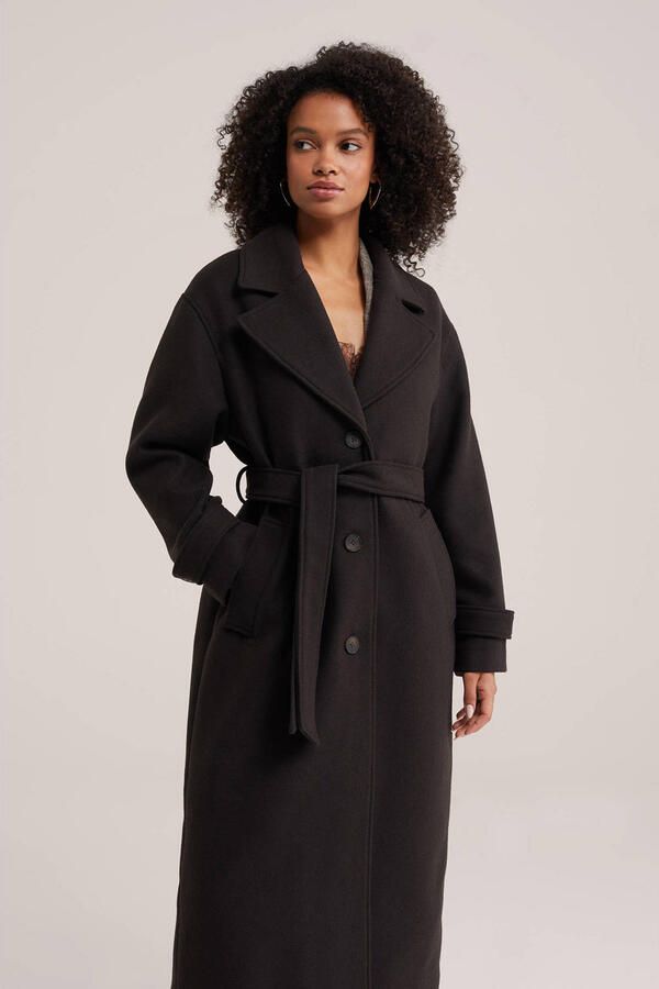 WE Fashion manteljas met ceintuur en wol bruin