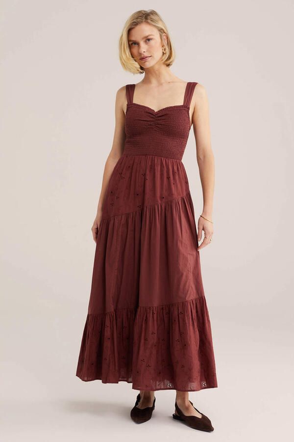 WE Fashion maxi jurk broderie donkerrood - Foto 3