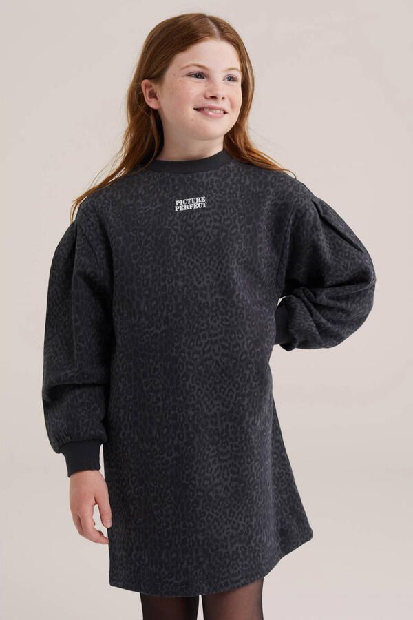 WE Fashion midi sweatjurk met panterprint zwart grijs