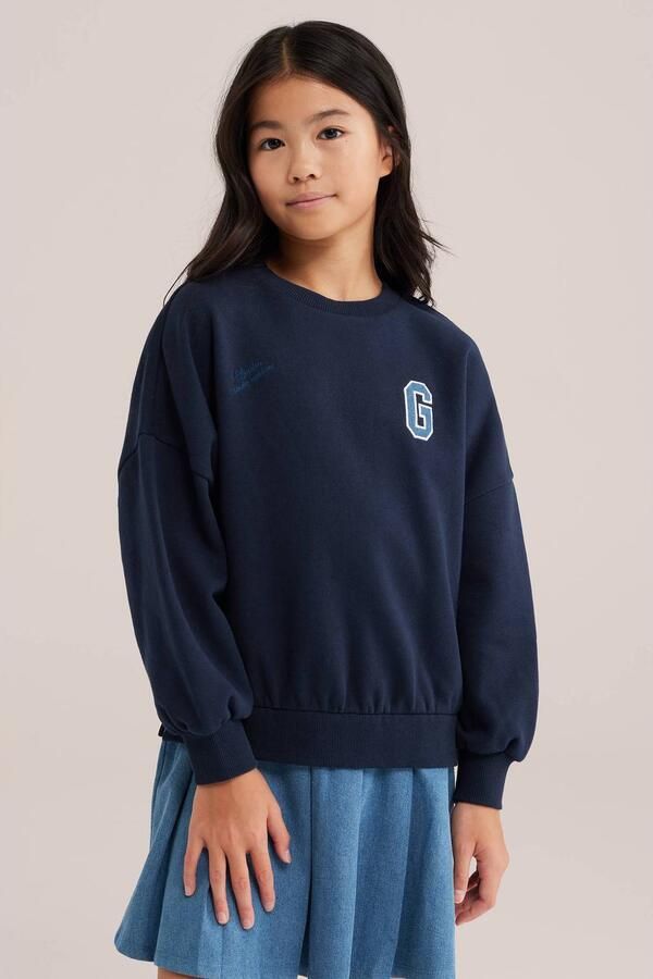 WE Fashion midi sweatjurk met tekst donkerblauw lichtblauw Meisjes Katoen Ronde hals