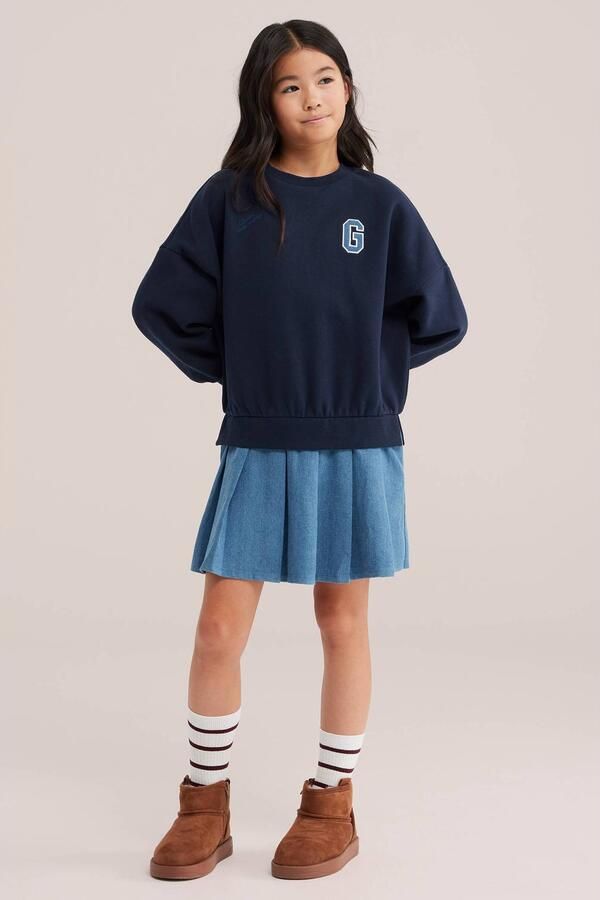 WE Fashion midi sweatjurk met tekst donkerblauw lichtblauw Meisjes Katoen Ronde hals - Foto 2