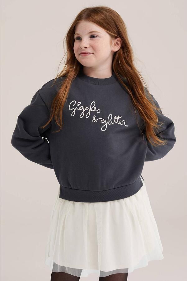 WE Fashion midi sweatjurk met tekst en tule details donkergrijs wit Meisjes Katoen Ronde hals glitter