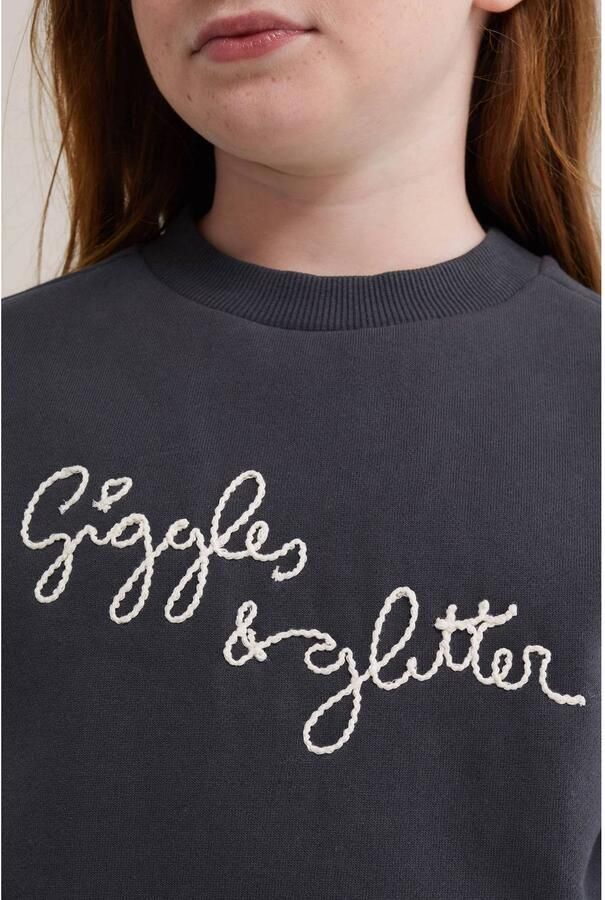 WE Fashion midi sweatjurk met tekst en tule details donkergrijs wit Meisjes Katoen Ronde hals glitter - Foto 2