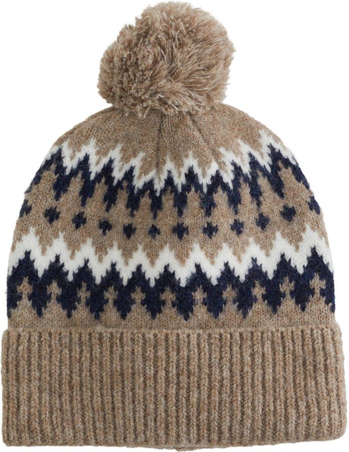 WE Fashion muts met wol pompons en print beige donkerblauw wit