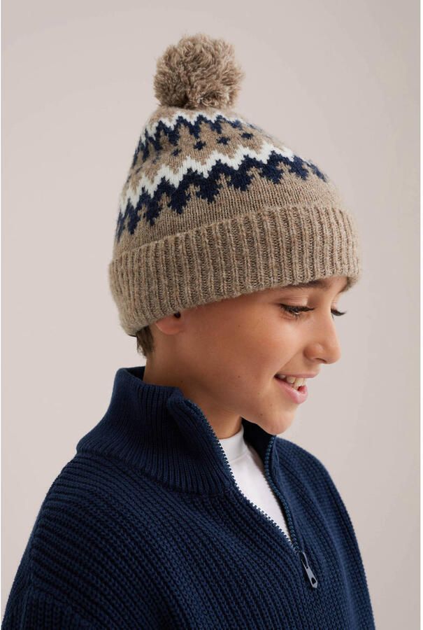WE Fashion muts met wol pompons en print beige donkerblauw wit - Foto 3