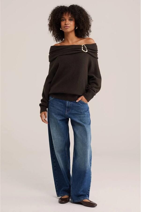 WE Fashion off shoulder gebreide trui met wol donkerbruin
