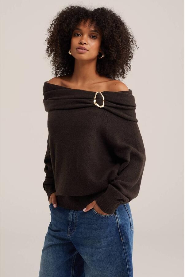 WE Fashion off shoulder gebreide trui met wol donkerbruin - Foto 2