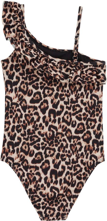 WE Fashion one shoulder badpak met ruches en panterprint beige bruin