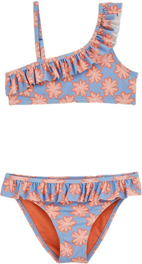 WE Fashion one shoulder bikini met ruches blauw roze