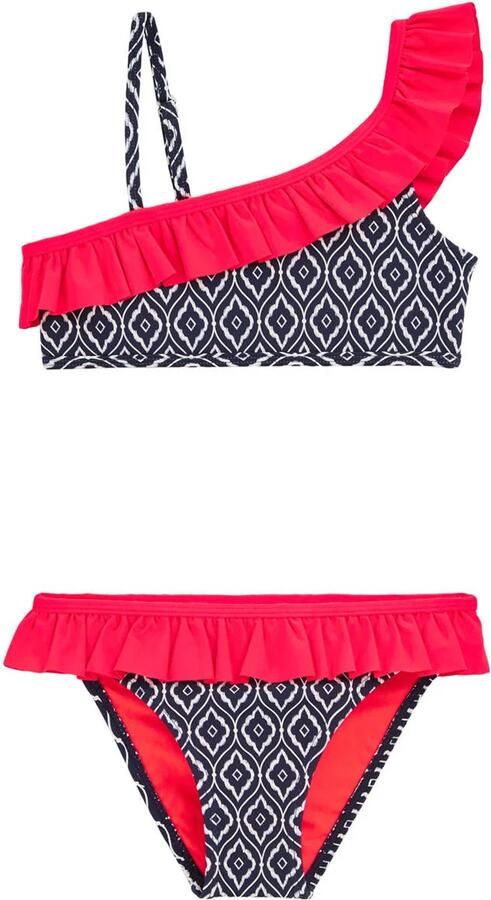 WE Fashion one shoulder bikini met ruches donkerblauw wit roze