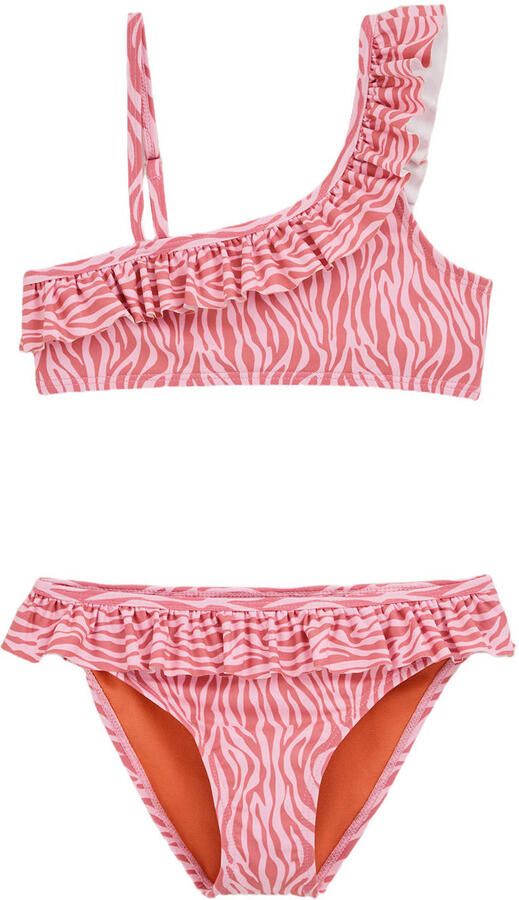 WE Fashion one shoulder bikini met ruches roze