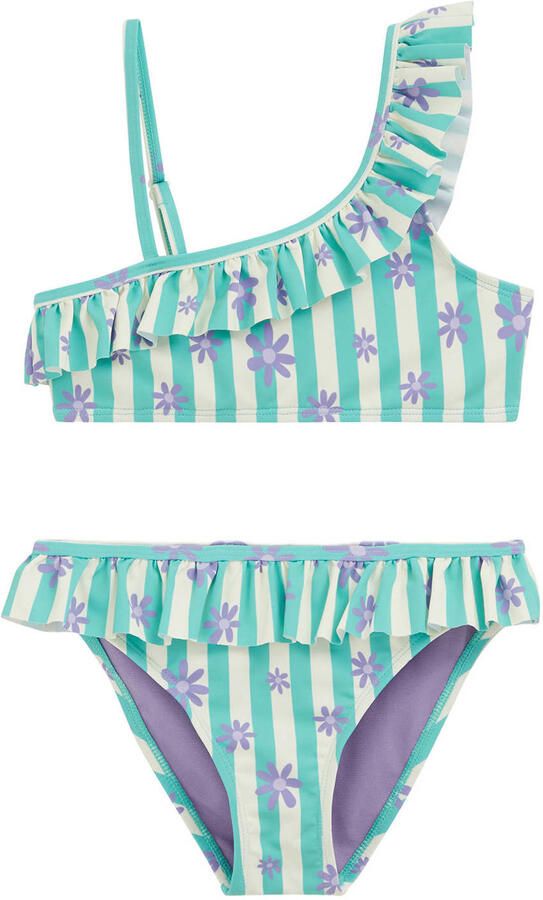 WE Fashion one shoulder gebloemde bikini met ruches turquoise Blauw Meisjes Polyester