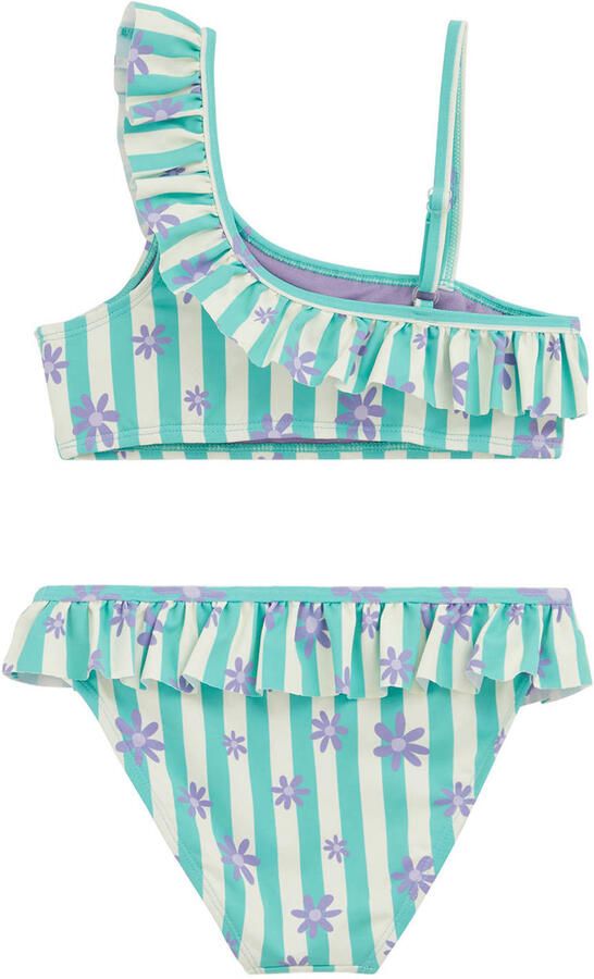 WE Fashion one shoulder gebloemde bikini met ruches turquoise Blauw Meisjes Polyester - Foto 3