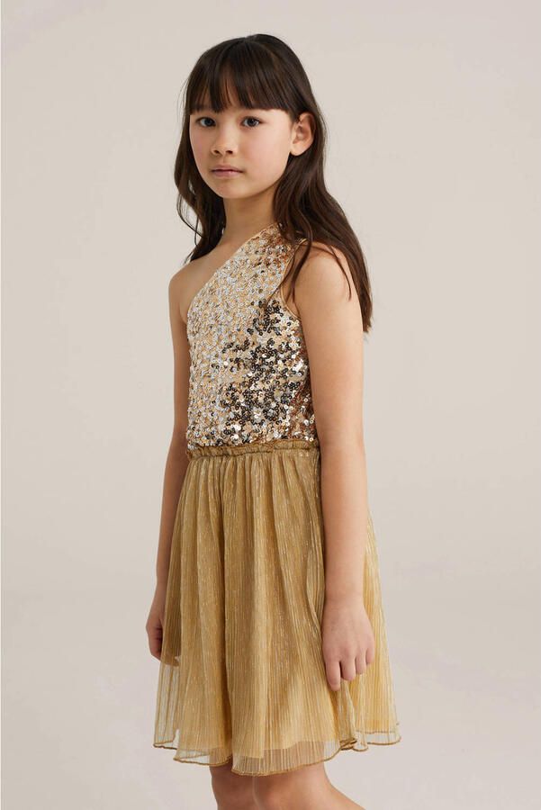 WE Fashion one shoulder jurk met pailletten goud