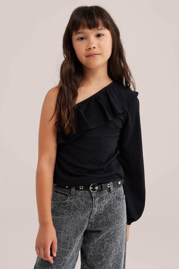 WE Fashion one shoulder top met ruches zwart