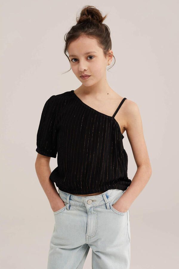 WE Fashion one shoulder top zwart met glitter