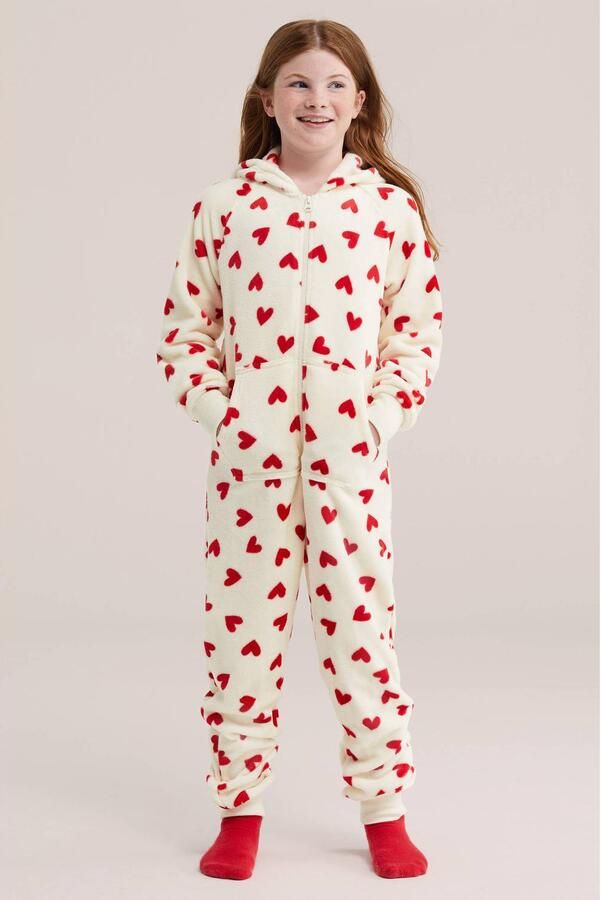 WE Fashion onesie met print ecru rood Meisjes Fleece Capuchon All over print