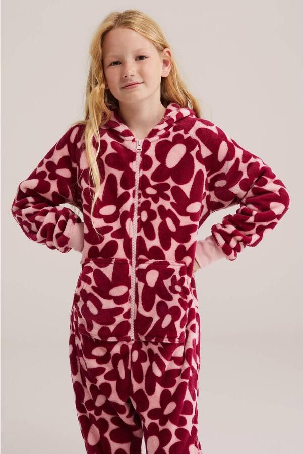 WE Fashion onesie met print roze donkerrood Meisjes Fleece Capuchon All over print