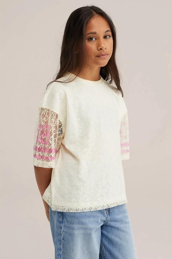 WE Fashion oversized gestreepte semi-transparante T-shirt met tekst ecru