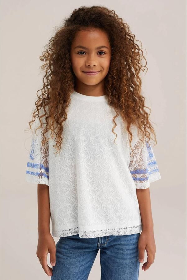 WE Fashion oversized gestreepte semi-transparante T-shirt met tekst wit