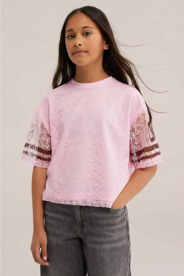 WE Fashion oversized gestreepte semi-transparante T-shirt met tekstprint roze